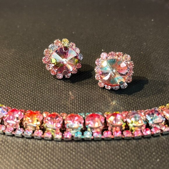 Choker Necklace Earrings Jewelry Set Zirconia Spark Multi color with Gift Box - Picture 2 of 7